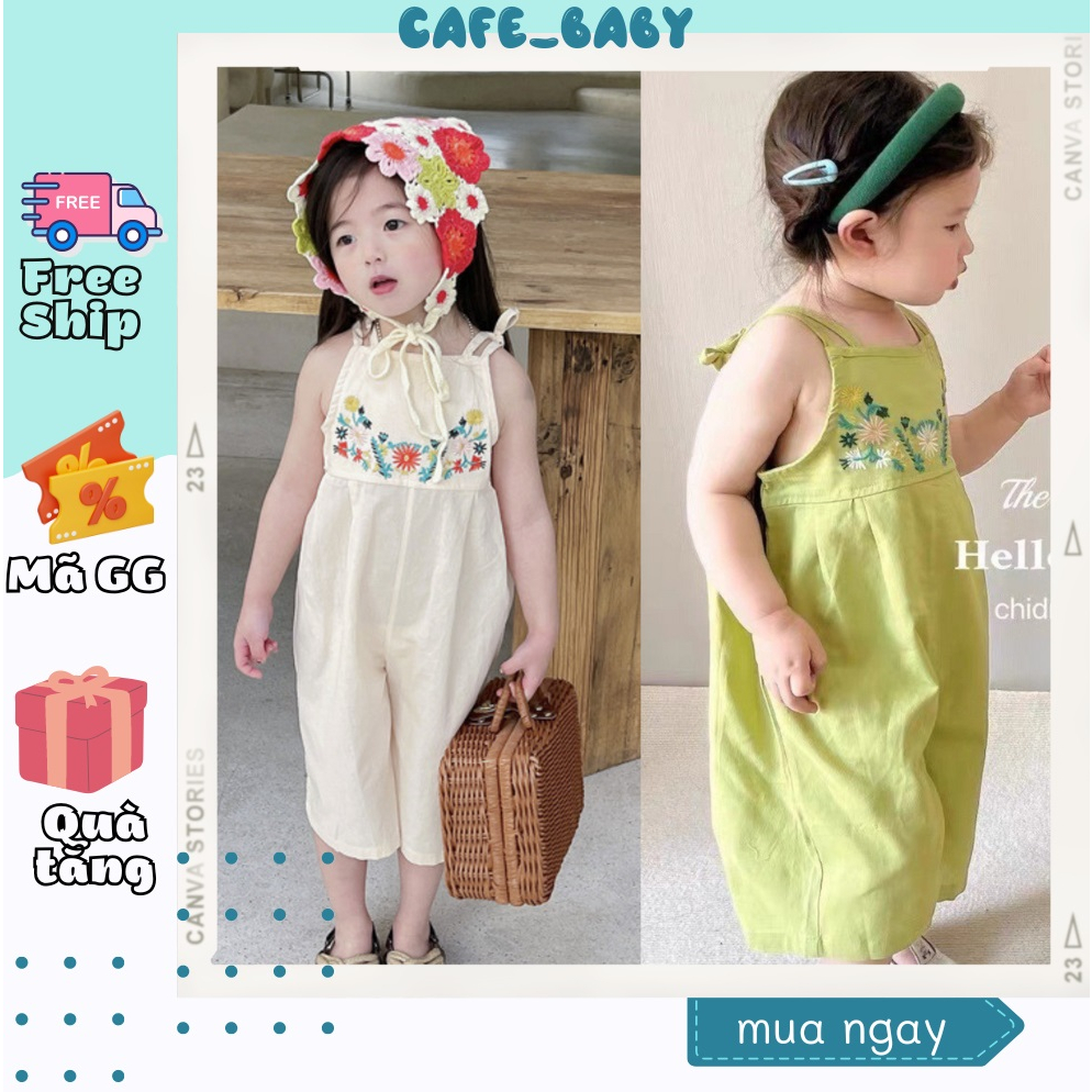 (8-18kg) Bộ yếm 2 dây jumpsuit thêu hoa chất đũi mềm mát xinh dễ thương cho bé gái - CAFE_BABY067