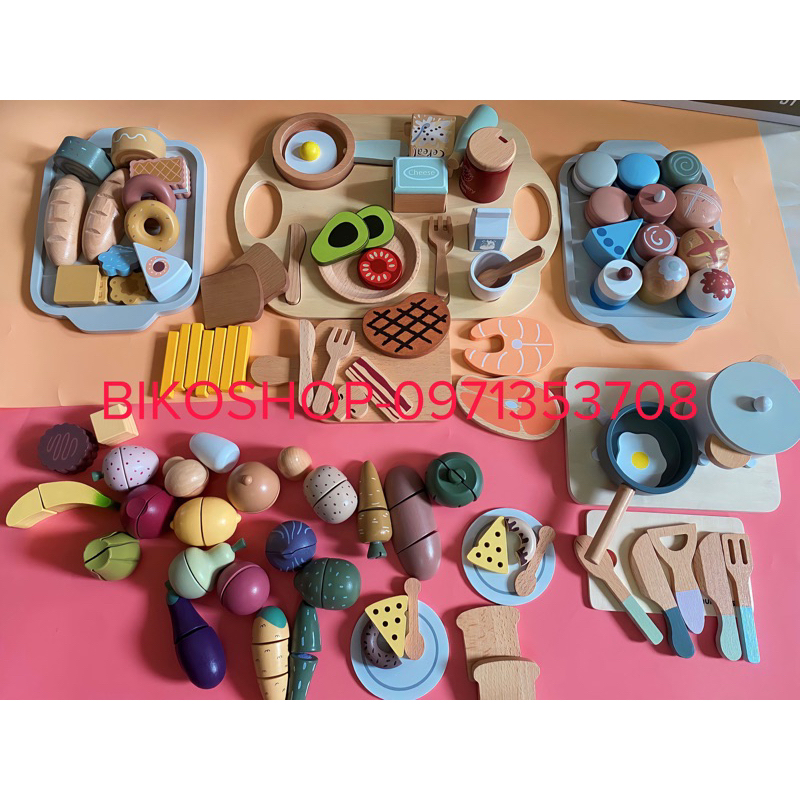 Sét thực phẩm, nồi chảo, bữa sáng, bánh Nunukids bằng gỗ cho bé