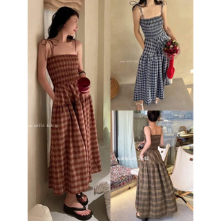 Váy 2 dây bo chun tầng kẻ gimham v-2642 CHALIN dáng dài xòe che khuyết điểm cực tốt