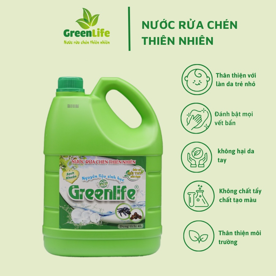 Nước rửa chén sinh học Greenlife không mùi can 4l, Nước rửa chén Greenlife an toàn cho tay của bạn (Mẫu mới)