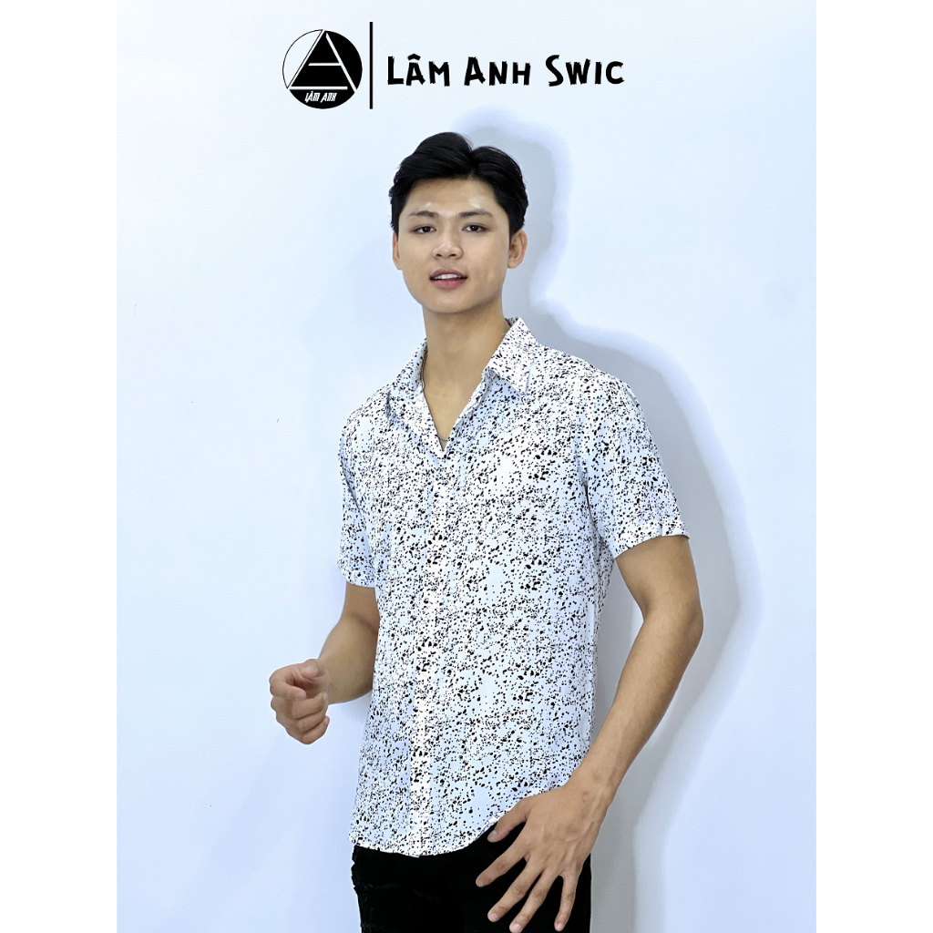 Áo sơ mi nam Lâm Anh Swic vải lụa không nhăn ngắn tay họa tiết chấm nhỏ thấm hút tốt chuẩn form