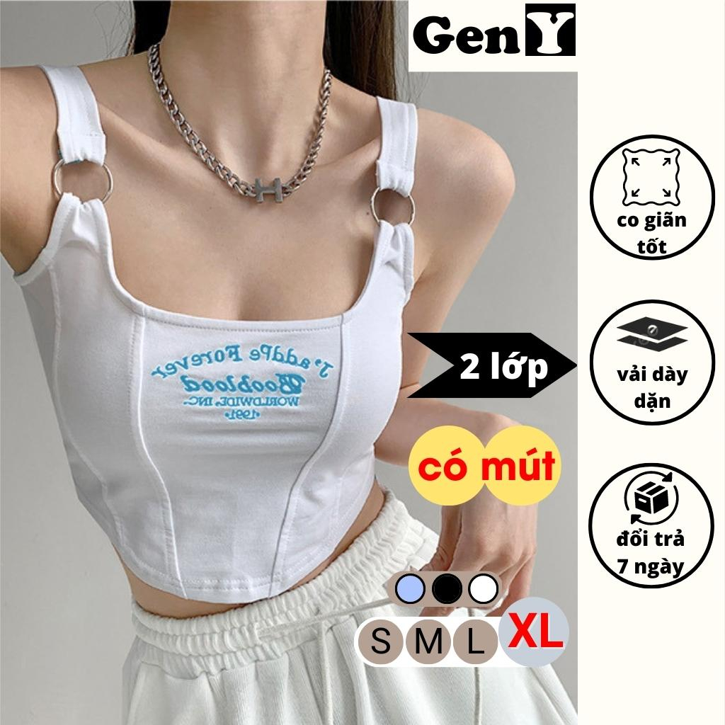 Áo 2 dây nữ GenY cổ vuông thêu chữ ôm dáng phối khoen tròn ở dây, Áo croptop 2 dây nữ ôm body vạt bầu siêu tôn dáng-2D9- | BigBuy360 - bigbuy360.vn