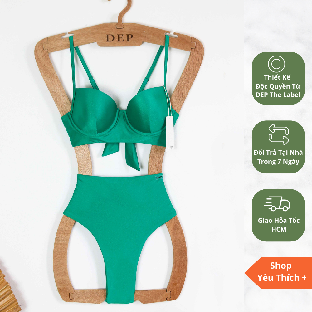 Đẹp Bikini - Bikini 2 mảnh sexy đi biển Volcano, áo nâng ngực kèm quần cạp cao tôn dáng màu xanh lá đậm