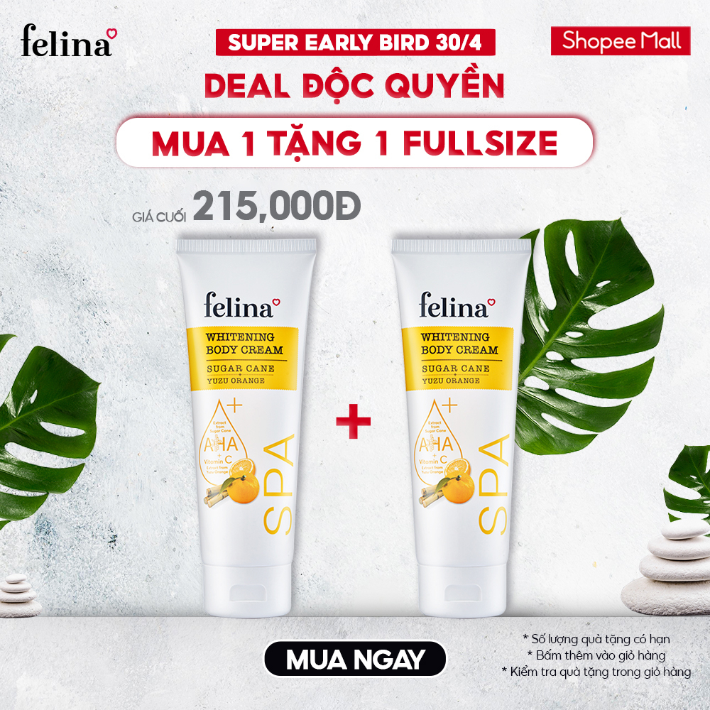 Kem Body Dưỡng Trắng Da toàn thân Felina Home Spa 250g AHA từ đường mía & Cam Yuzu 100% thiên nhiên Whitening Body Cream