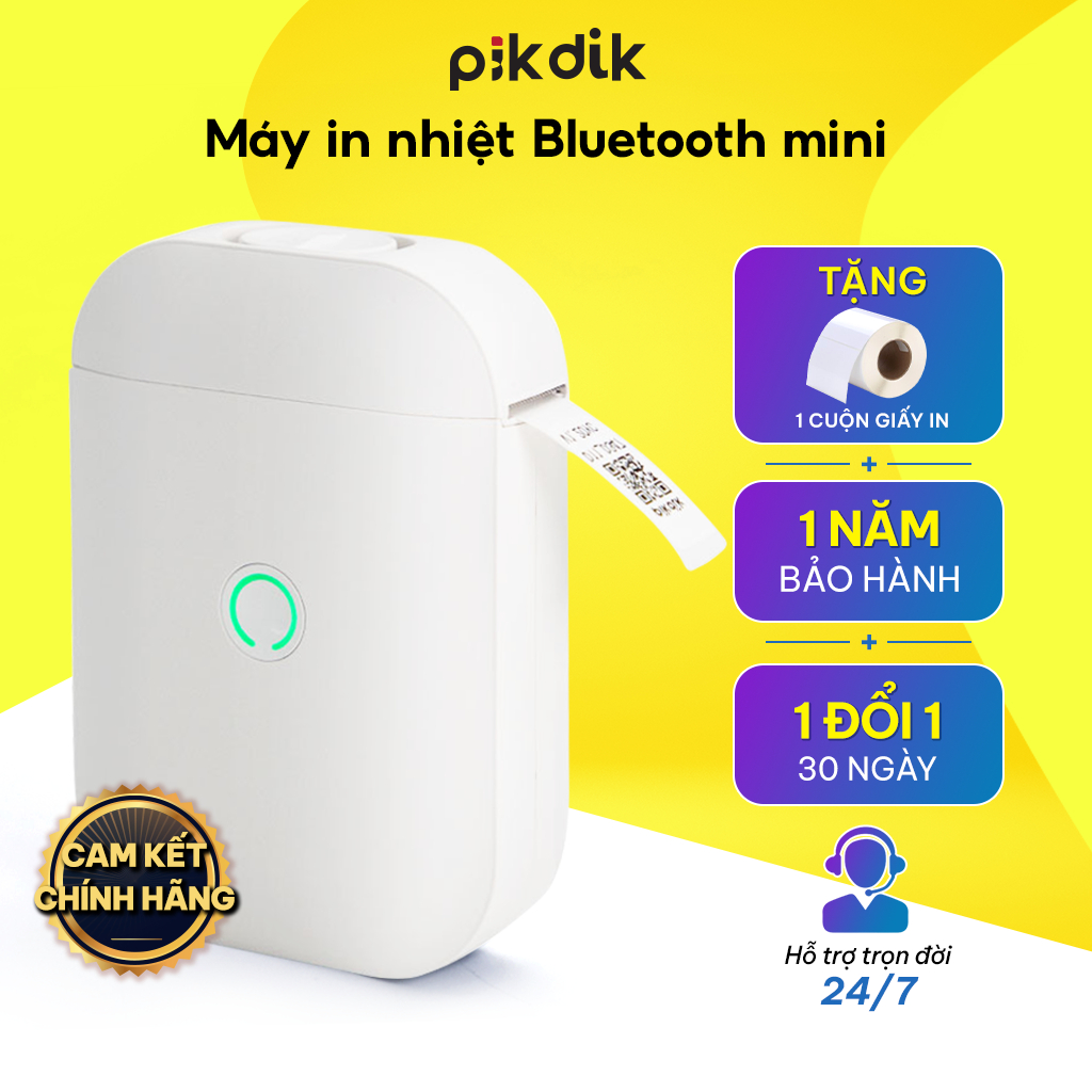 Máy in nhiệt mini bluetooth PikDik in hoá đơn, mã vạch, tem, ảnh, ghi chú bảo hành 12 tháng
