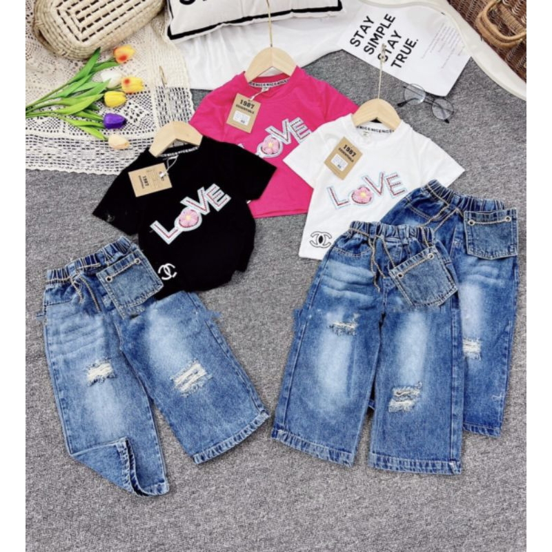 Bộ 3 chi tiết (8_30kg) áo LoVe quần mài rách kèm túi đeo cá tính bé gái (Hàng shop xịn đẹp)