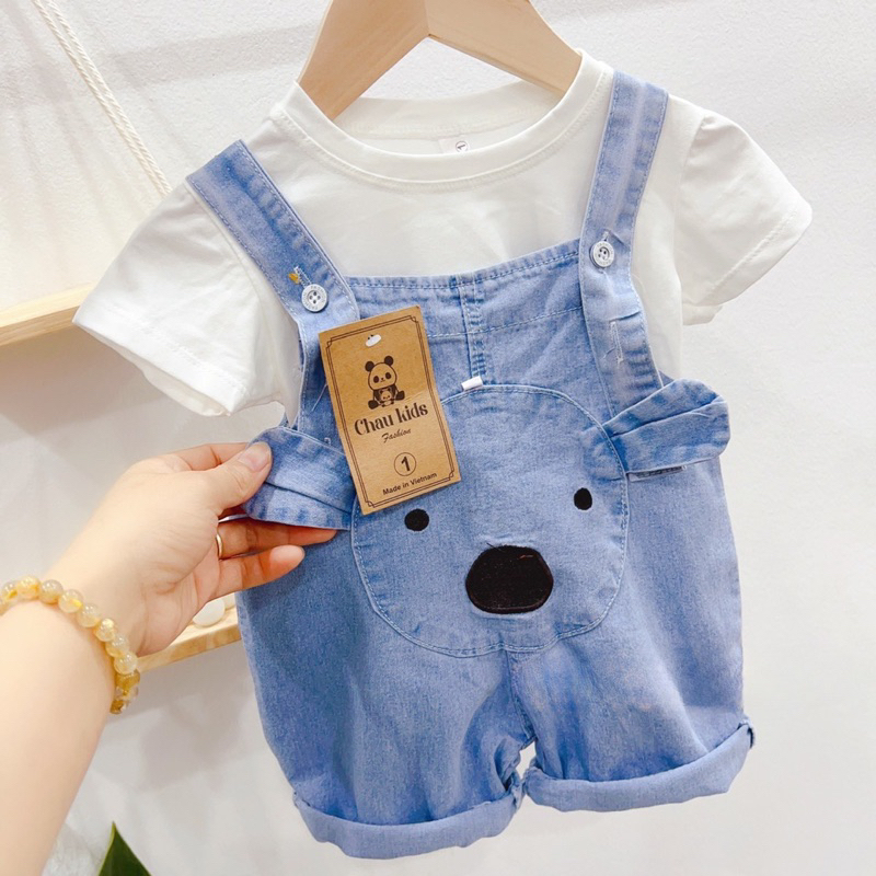 Set yếm jean kèm áo phông cotton cho bé trai bé gái 1-5 tuổi