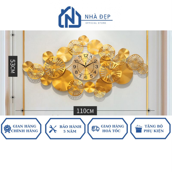 Đồng Hồ Treo Tường Trang Trí Decor Kim Trôi Nghệ Thuật Đẹp Lá Sen Mạ Vàng PVD Treo Phòng Khách Phòng Ngủ