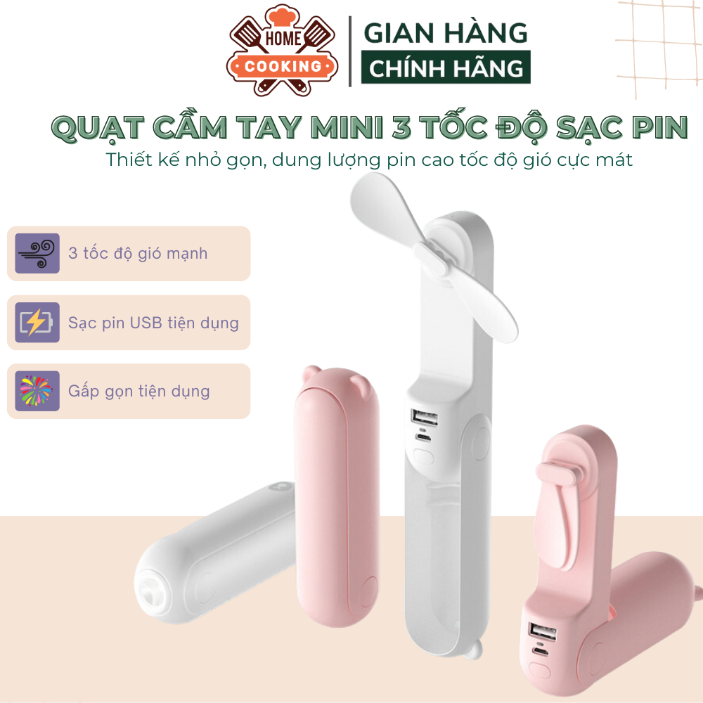 Quạt mini, quạt cầm tay mini gấp gọn 3 chết độ gió, tích hợp sạc dự phòng, dung lượng pin 2000mAh, bảo hành 6 tháng