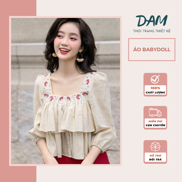 Áo Babydoll dáng dài xếp tầng Dam Store cổ vuông thêu hoa, tay phồng dài cực yêu phong cách hàn quốc