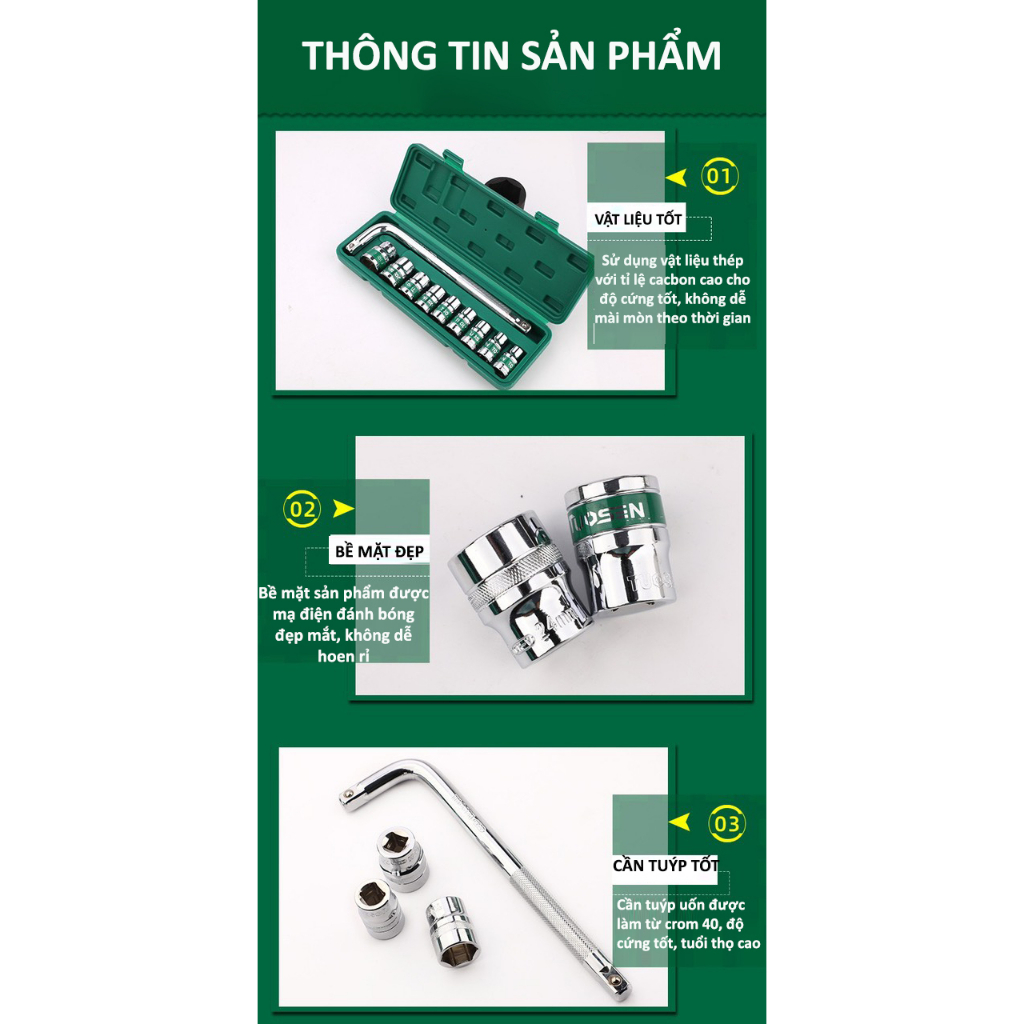 Bộ khẩu  sửa xe 1/2 cần L 10 chi tiết sửa chữa ô tô xe máy, bộ dụng cụ