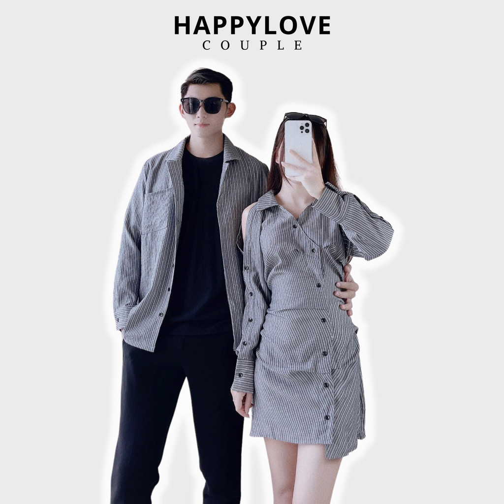 Đồ cặp nam nữ set áo váy sơ mi đôi hàn quốc couple HAPPYLOVE màu ghi xám kẻ sọc thời trang M006