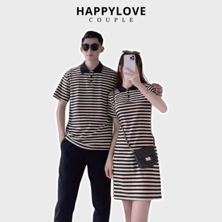 Đồ cặp set đồ đôi áo váy nam nữ Polo mùa hè couple HAPPYLOVE kẻ sọc ngang đen be M023