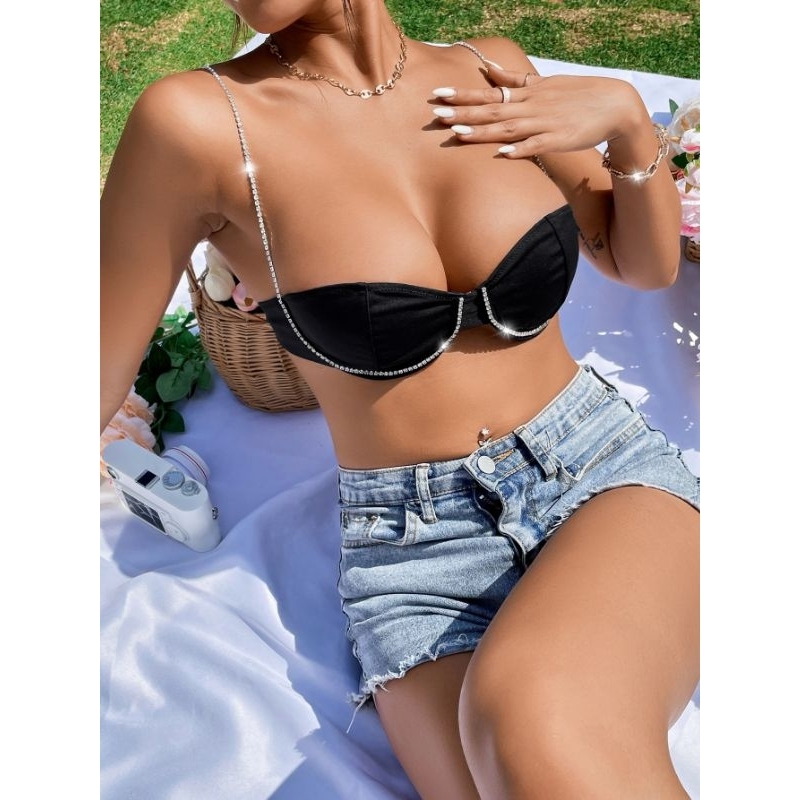 Áo hai dây lộ lưng chuỗi pha lê kim cương đính đá lấp lánh bling bling màu đen sexy quyến rũ thời trang mùa hè 🖤