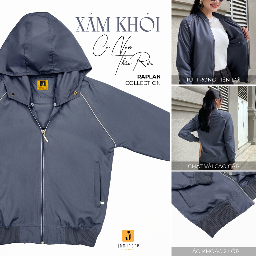 Jamin Premium - Áo Khoác Cao Cấp Có Nón Tháo Rời, chất dù suýt không xổ lông 2 Lớp, mát chống nắng, chống tia UV JBR07