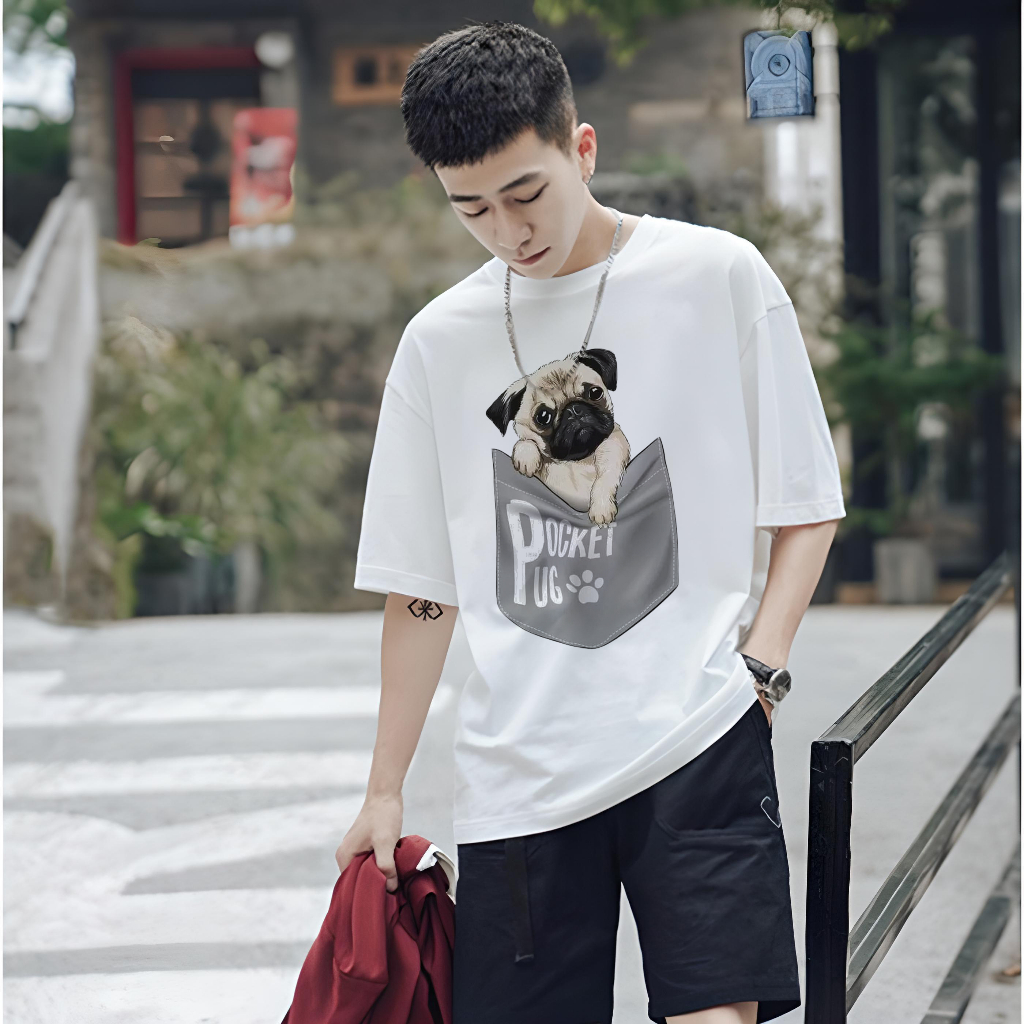 Áo thun unisex nam nữ chó pug form rộng, áo phông tay lỡ form rộng