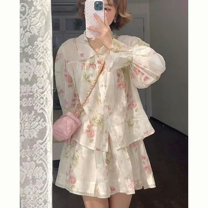 Áo chống nắng thời trang hàn quốc + cao eo mỏng váy hoa hai bộ quần áo