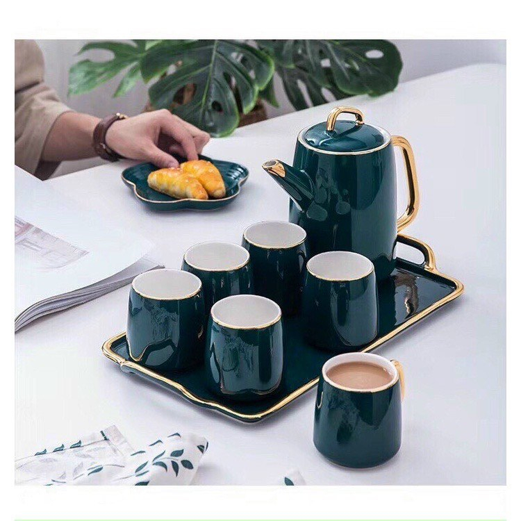 Bộ Ấm Chén Uống Trà Sứ Bắc Âu Cao Cấp Mạ Vàng