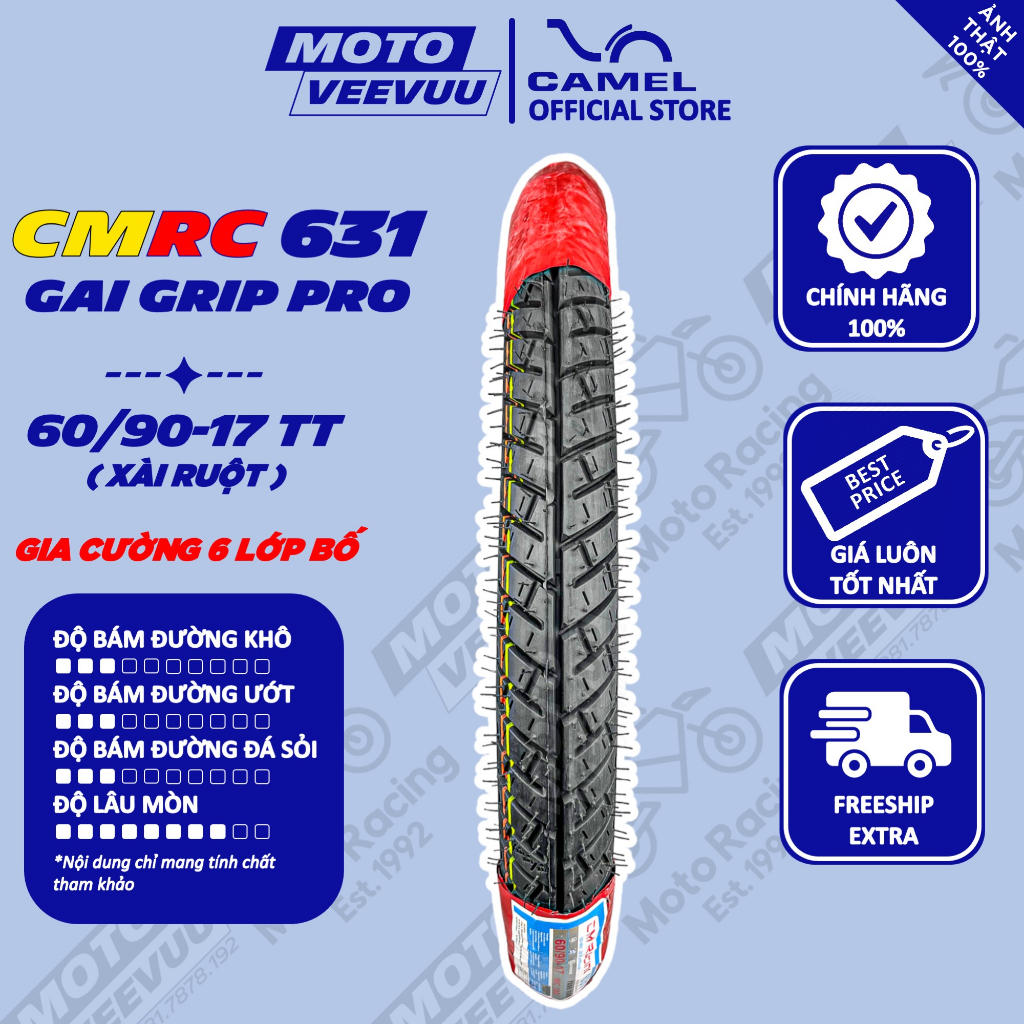 Vỏ lốp xe máy CAMEL Racing 631 Gai Michelin City Grip Pro 60/90-17 TT (Lốp xài ruột) GIA CƯỜNG LỚP BỐ