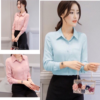 [Xả hàng] Áo sơ mi trơn dài tay có túi trước ngực cổ trụ phom suông size S-XL