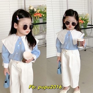 Set áo sơmi vitage kèm quần kaki dáng suông lưng chun xuất hàn bé gái