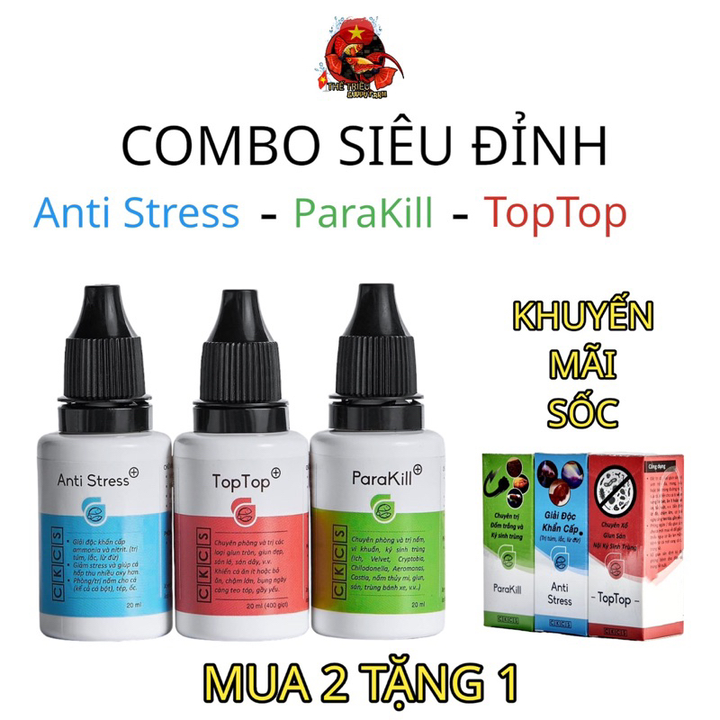 Anti Stress - ParaKill - Toptop. Combo siêu đỉnh ( Dưỡng cá, nấm, túm lắc, giun sán… )