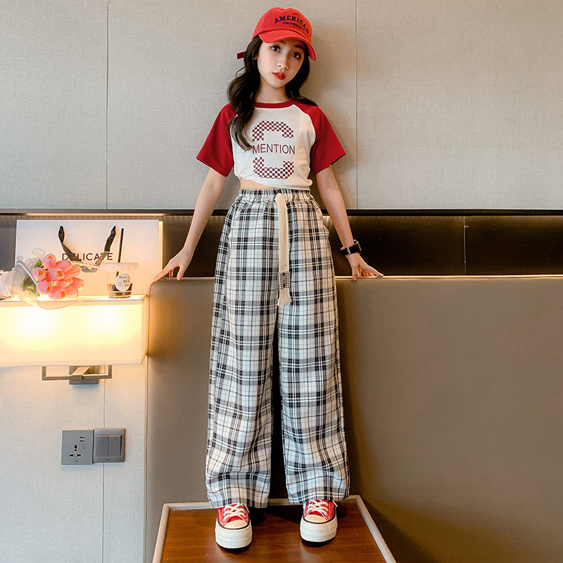 Bộ quần áo bé gái mùa hè áo croptop quần caro ống rộng bé gái size đại cỡ lớn LUNASHOP 27 đến 48kg M202336