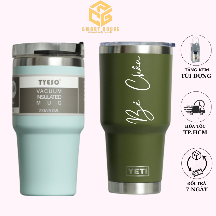 Bình giữ nhiệt Tyeso ,ly nước cao cấp inox 304 có ống hút,dung tích 900ml tặng túi đựng,sticker khắc tên theo yêu cầu