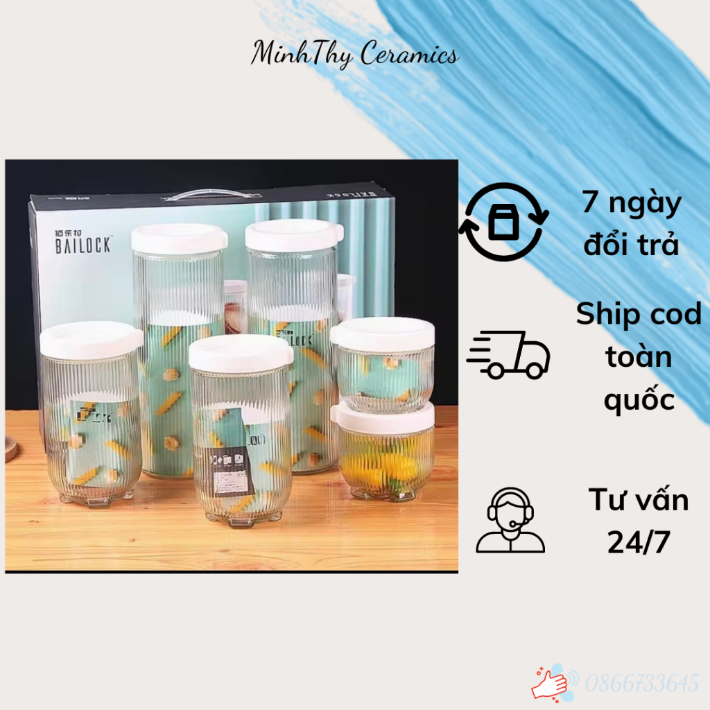 Hũ thủy tinh, lọ thủy tinh vân sọc đựng thực phẩm MinhThy Ceramics tiện lợi