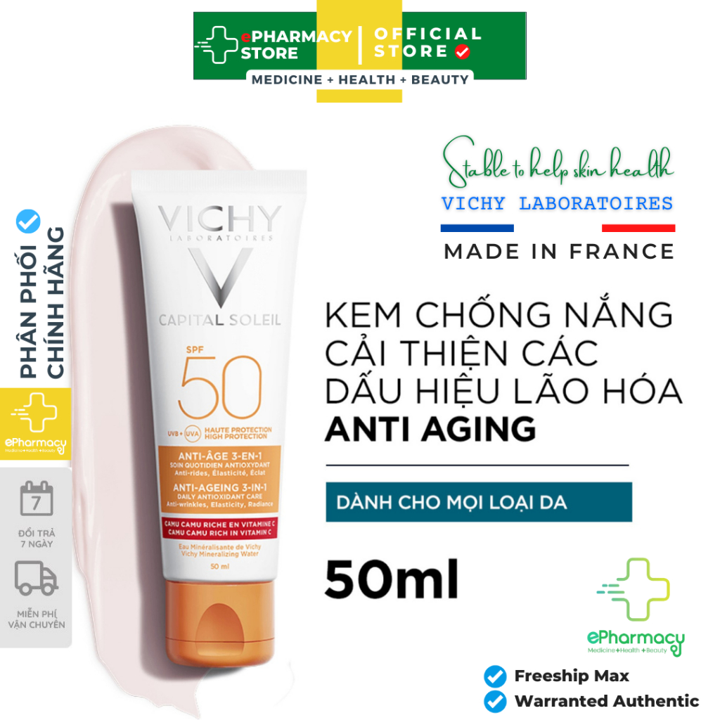 Kem Chống Nắng Vichy Capital Soleil Anti Aging 3in1 SPF50+ UVB + UVA 50ml