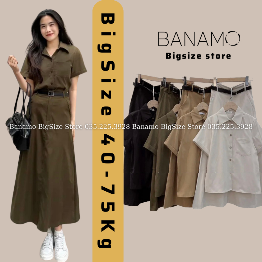 Bộ kaki nữ BIGSIZE set áo cộc tay túi ngực kèm chân váy dài và đai lưng 185