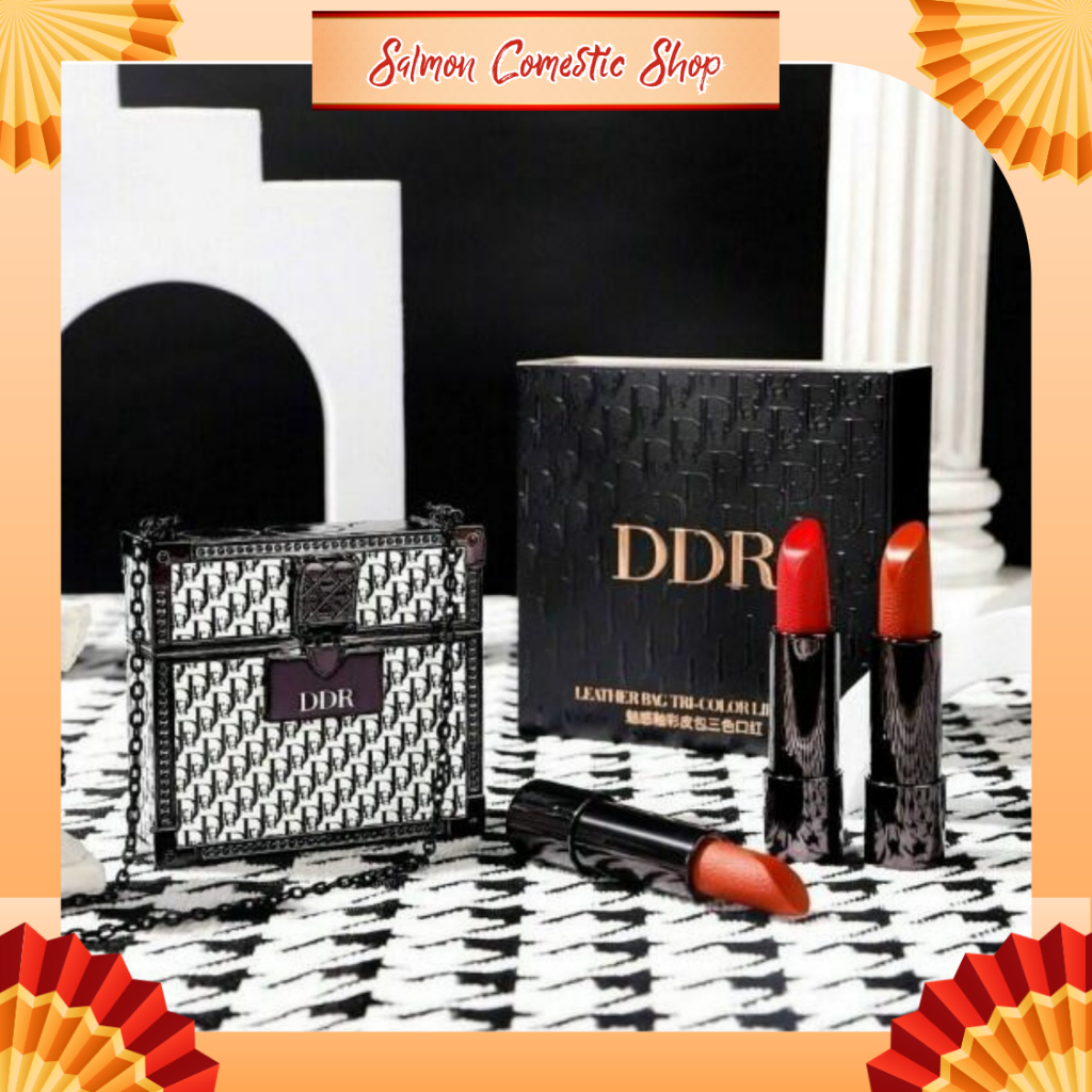 Son Túi Xách, Set Son Lì 3 Cây, Son Thỏi Lì DDR Luxury Kèm Gương Hoa Văn Kiểu Dior - Hàng Nội Địa Trung ( Salmon Shop )