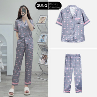 3HBNU36 Bộ lụa quần dài GUNO túi ngực bộ lụa nữ mặc nhà pyjama cộc tay