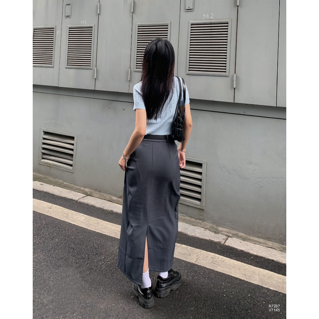 Chân váy dài ly giữa kèm thắt lưng - 7145