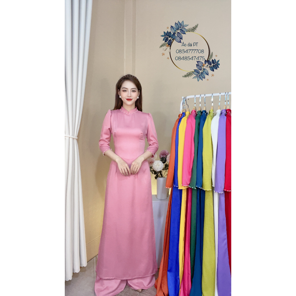 ÁO DÀI LỤA TÂY THI TAY BỒNG MÀU HỒNG PHẤN