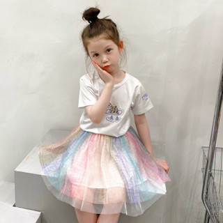 Shop Mẹ Bob 86 - Set Bộ bé gái mùa hè áo phông chân váy voan cho bé gái 100-150 (12-30kg) - Áo trắng chân váy sắc màu