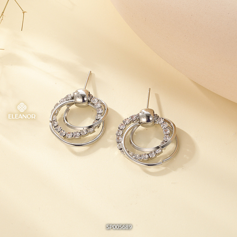 Bông tai nữ chuôi bạc 925 Eleanor Accessories hình tròn đính đá phụ kiện trang sức 5689