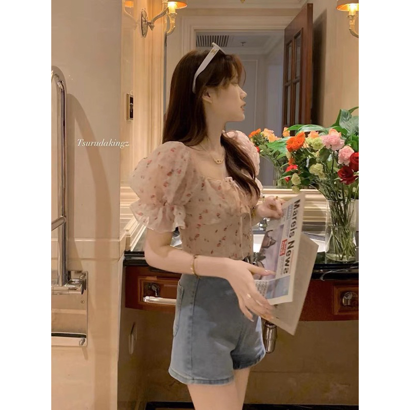 Áo croptop hoa nhí tay bồng buộc nơ ngực ôm eo nhẹ -SinNa