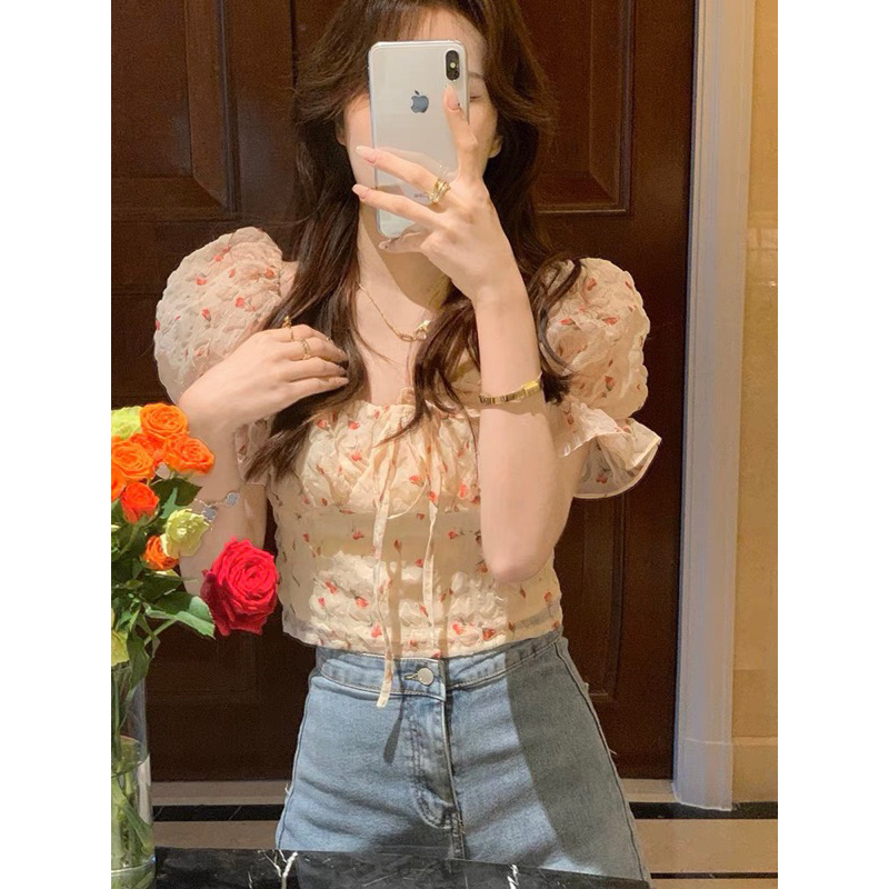 Áo croptop hoa nhí tay bồng buộc nơ ngực ôm eo nhẹ -SinNa