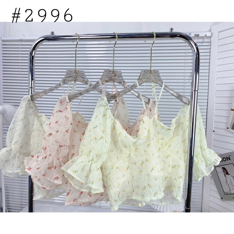 Áo croptop hoa nhí tay bồng buộc nơ ngực ôm eo nhẹ -SinNa