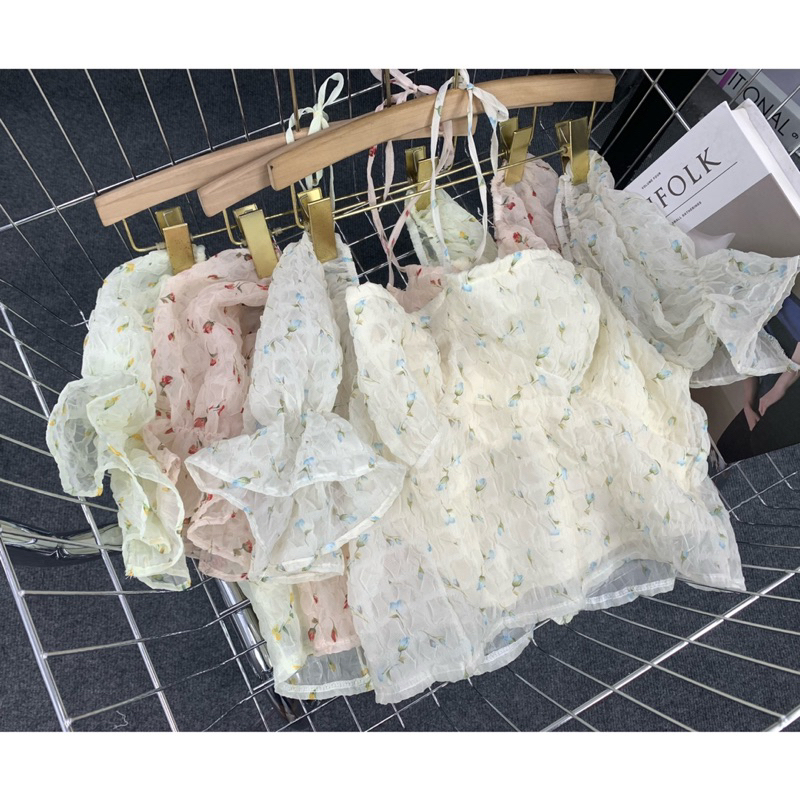 Áo croptop hoa nhí tay bồng buộc nơ ngực ôm eo nhẹ -SinNa