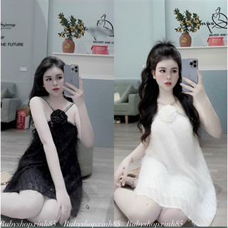 Đầm babydoll chất lông vũ phối 2 dây kim tuyến cuốn bông cổ cực xinh