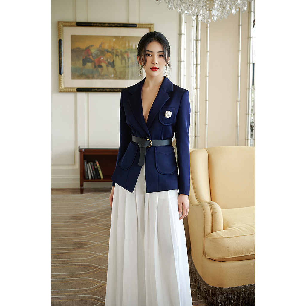 Áo vest công sở chiết eo + Quần xếp ly ống rộng