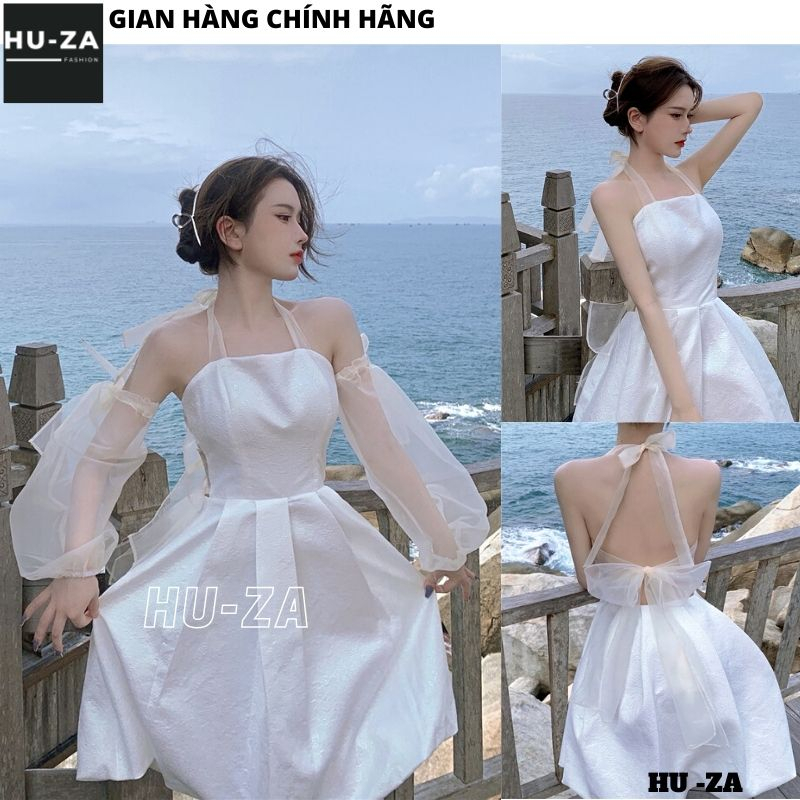 Váy Cổ Yếm Nơ Lưng Kèm Ống Tay Voan Tháo Rời Chất Liệu Gấm Xốp - Đầm Tiểu Thư Dáng Xòe Ngắn Cực Xinh - HUZA V102