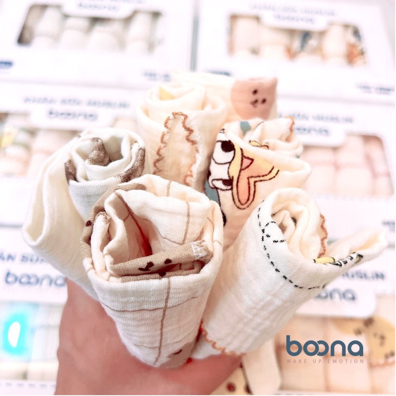 Hộp 6  Khăn xô sữa cho bé Boona sợi muslin, mềm mịn với nàn da bé kích thước 30 x 30 cm