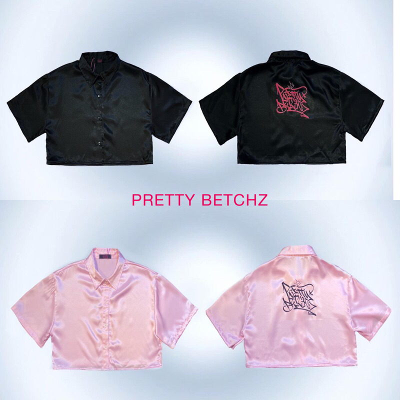Áo sơ mi satin phi bóng croptop dáng rộng tay ngắn Pretty