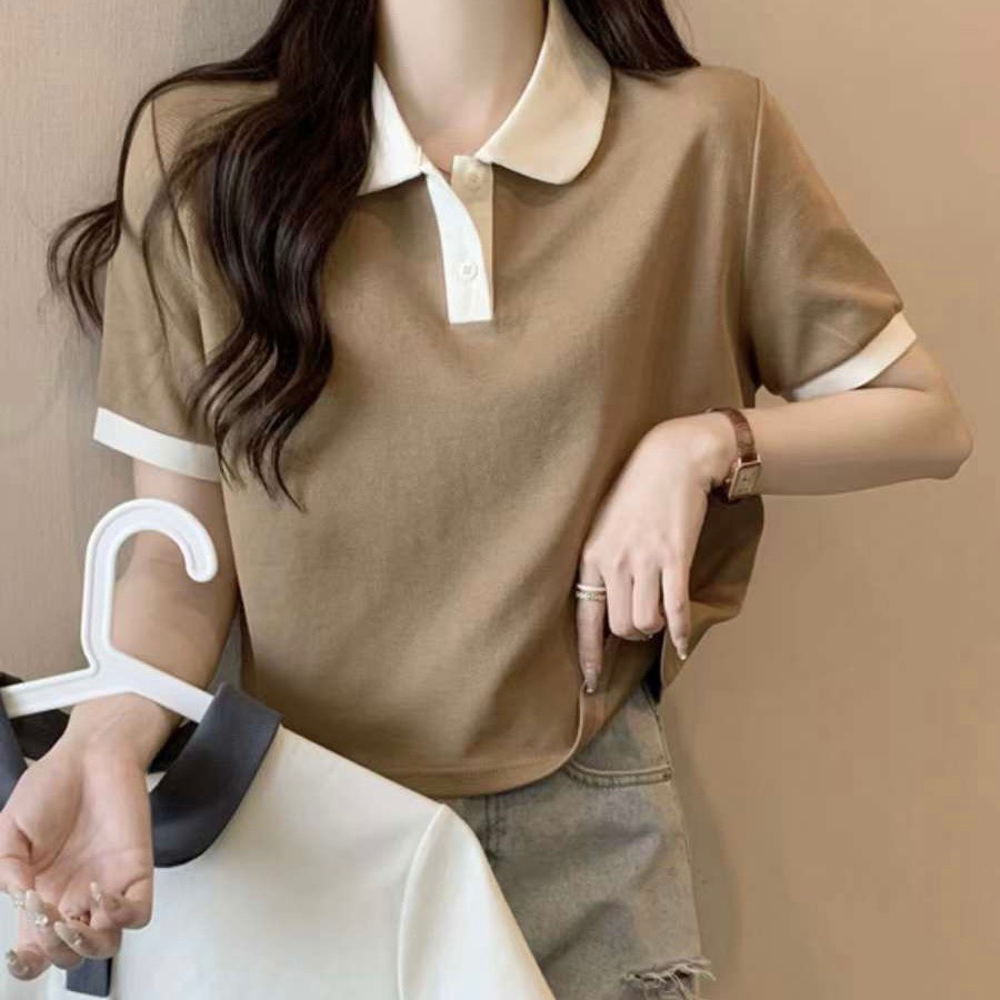Áo thun nữ croptop cổ sơ mi tay ngắn vải cotton trơn, áo phông có cổ polo nữ phối màu xinh xắn phong cách Hàn Quốc
