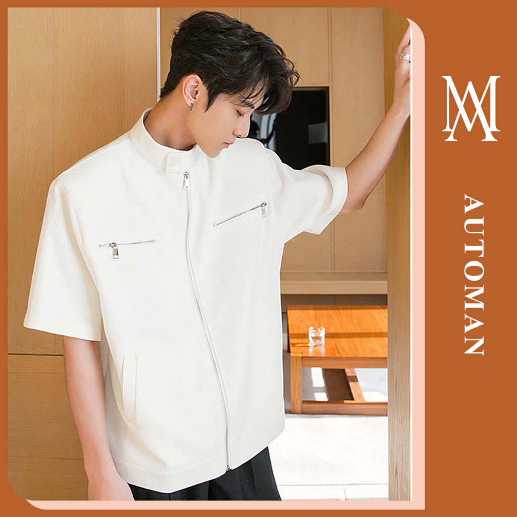Áo nam cộc tay chất vải cotton tổ ong nhí cao cấp phối khóa kéo hot trend AUTOMAN A91