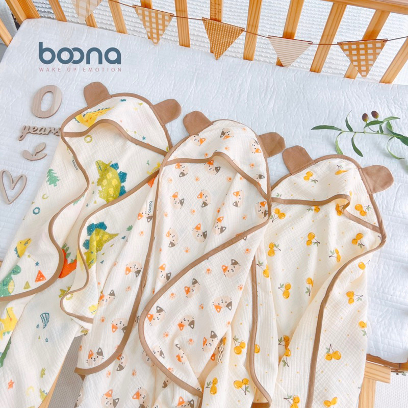 Choàng Ủ Xô Muslin Boona 4 Lớp Có Mũ Siêu Thoáng Mát Mềm Mịn Cho Bé
