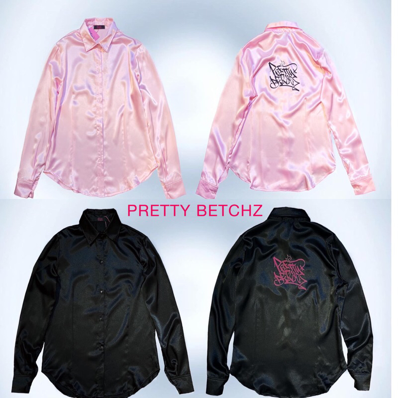 Áo sơ mi satin phi bóng dáng dài dài tay Pretty